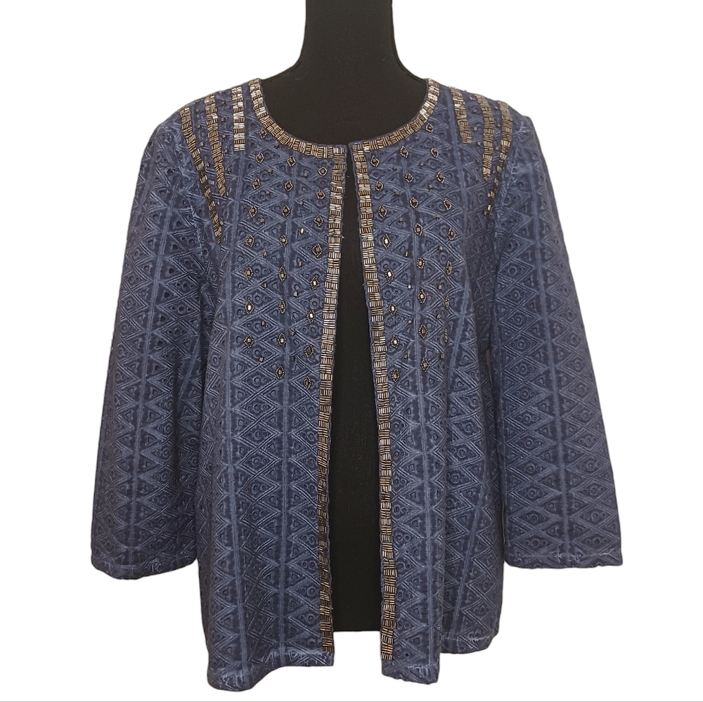 Chico's Open Front Eyelet Embellished Jacket Women's Sz Large Dusty Blue